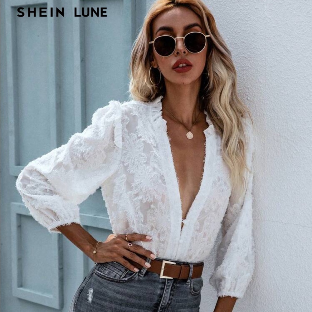 SHEIN White Sheer Lace V-Neck Blouse
